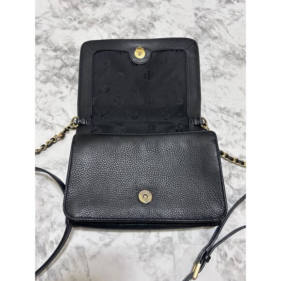 Tory Burch Landon Pebbled Leather Crossbody Wallet Bag Black 6"x8.5" Modern Chic - Picture 5 of 10
